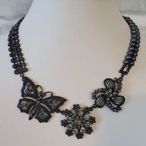 Cookie Lee Butterfly Flower Black metal Crystals Necklace Black Bead Chain